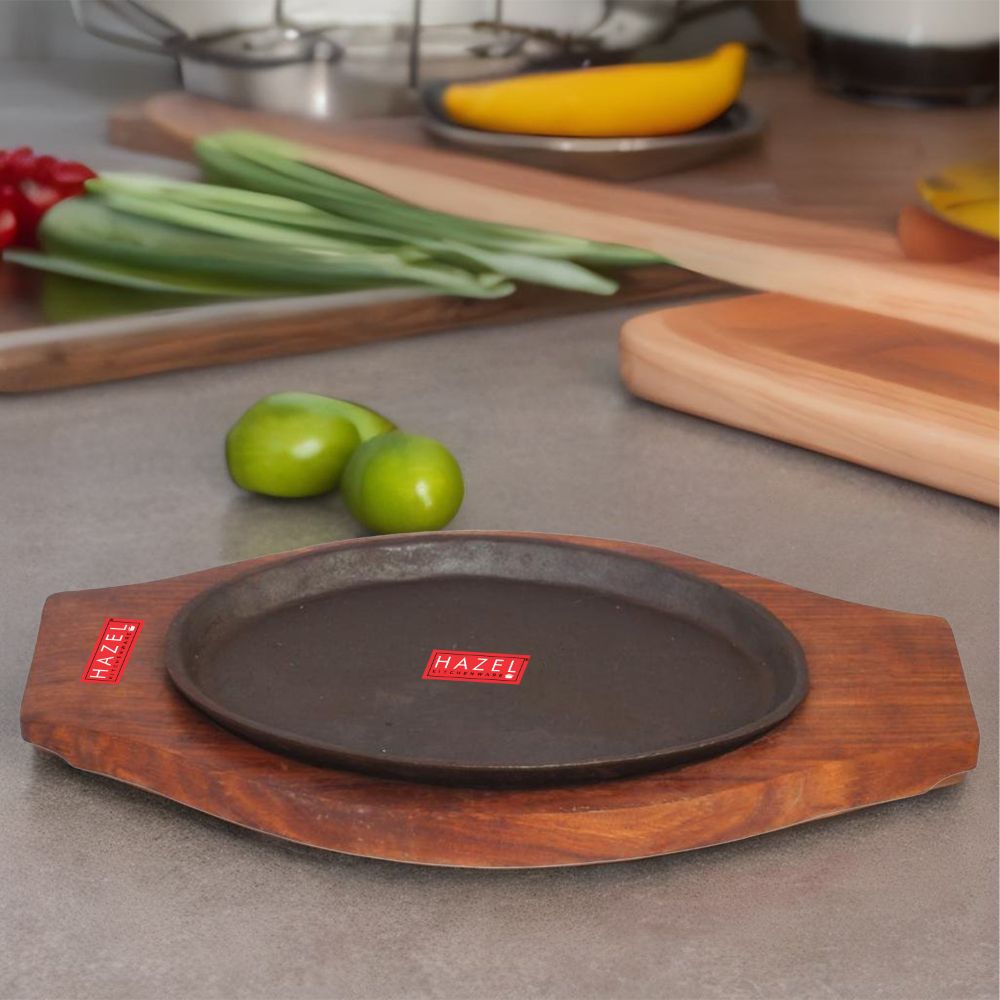 HAZEL Sizzler Plate with Wodden Base Oval Large