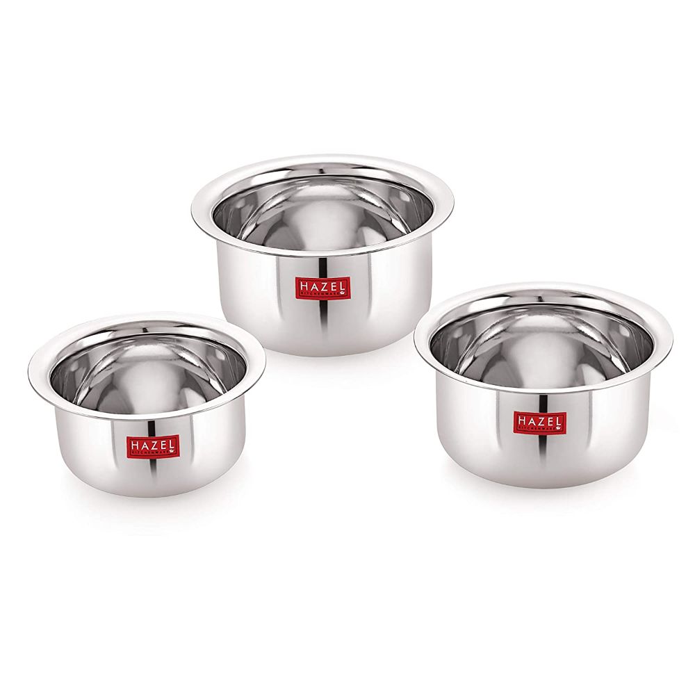 HAZEL Alfa Stainless Steel Flat Tope Without Lid, Set of 3, 300, 500 & 700 ml, Silver