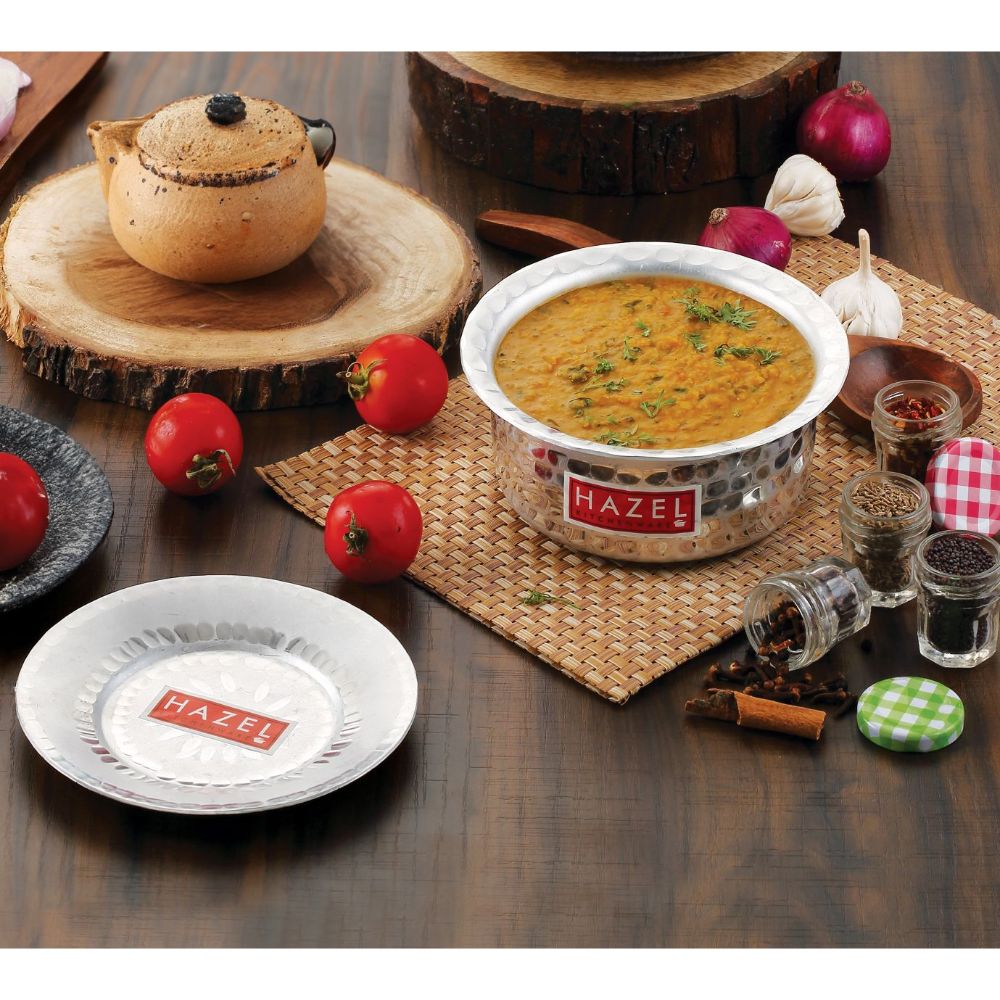 HAZEL Aluminium Hammered Milk Pot with Lid | Stock Pot with Lid | Boiling Bhagona Tope Set with Lid for Kitchen, 17.7 cm, 1000 ML, Silver