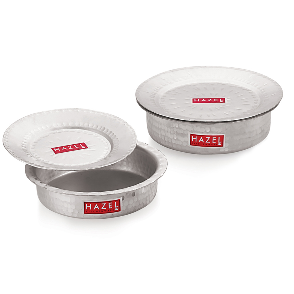 HAZEL Aluminium Langdi Patila Pot With Lid Hammered Finish Round Bottom Boiling Tope Vessels Bhagona Dekchi, Set of 2, 1700 ML, 2100 ML