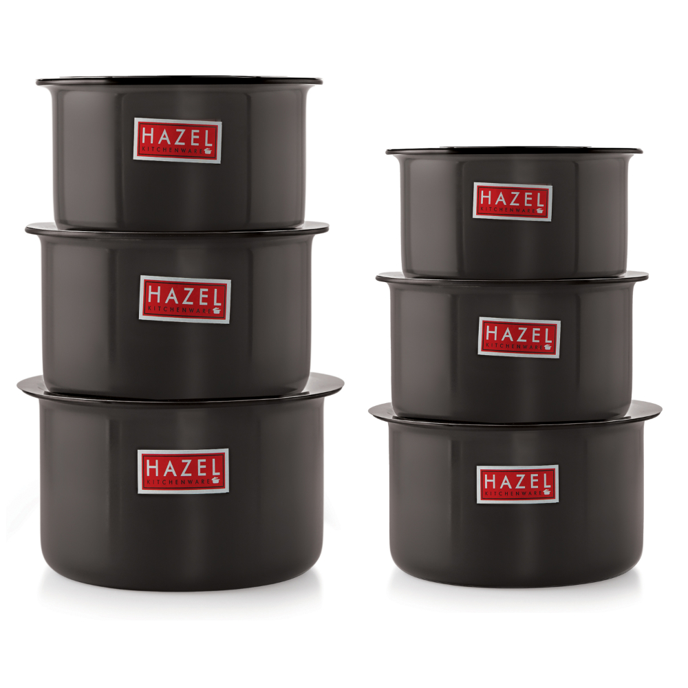 HAZEL Hard Anodised Aluminium Tope Set With Lid | Hard Anodised Cookware Set Of Boiling Tope Patila With Steel Lid Cover For Cooking ( 6 Topes & 6 Lids), 12 Pieces, Black