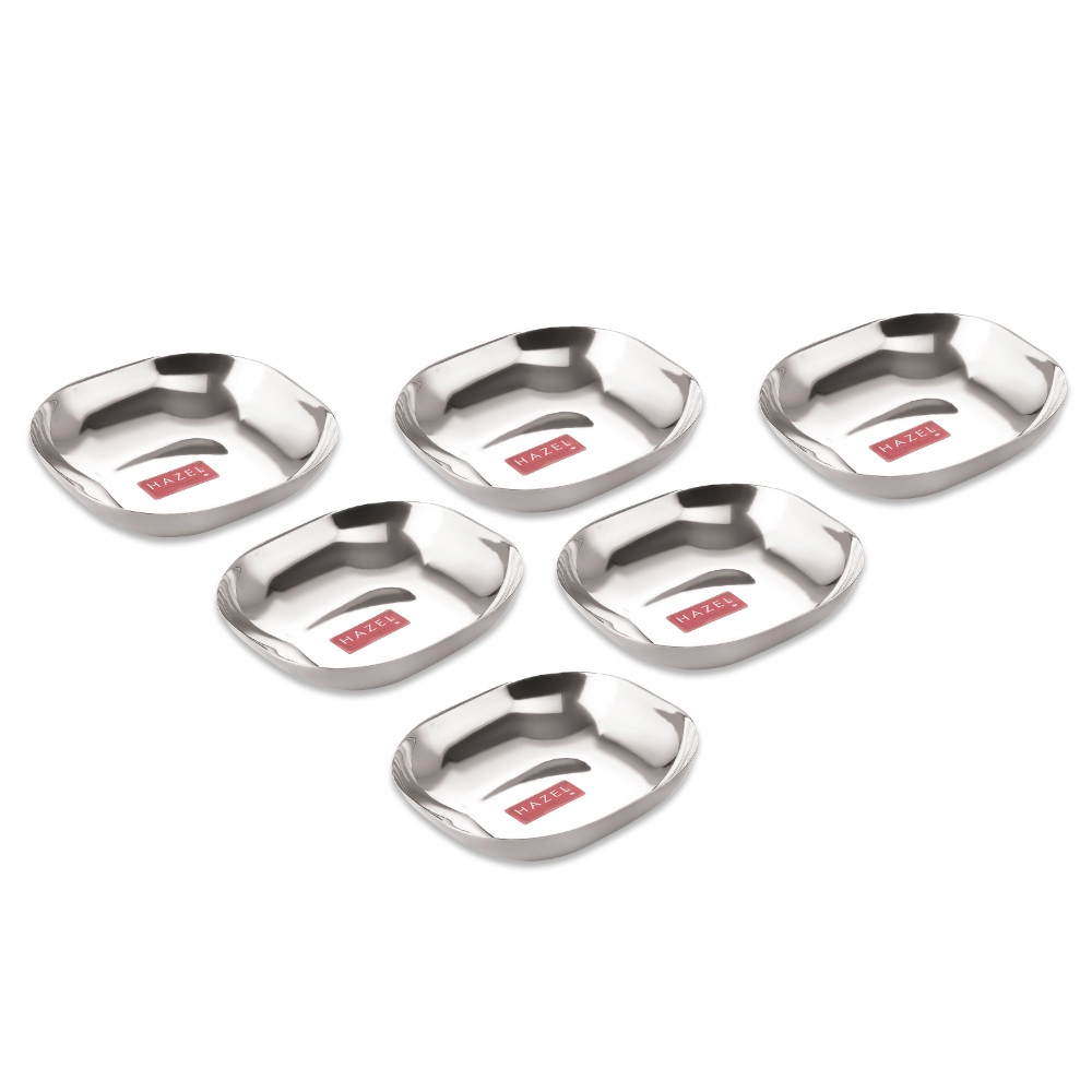 HAZEL Steel Dessert Silver Plate |Square Shaped Steel Plate for Snacks, Breakfast | Stainless Steel Katori Set Of 6 | 450 ml each, Silver