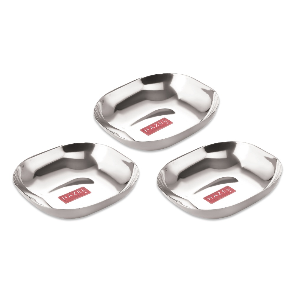 HAZEL Steel Dessert Silver Plate |Square Shaped Steel Plate for Snacks, Breakfast | Stainless Steel Katori Set Of 3 | 450 ml each, Silver