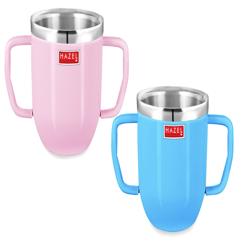 HAZEL Double Wall Stainless Steel Double Handle Baby Mug Set of 2 for Kids Gifting, 250 ML Each, Pink & Blue