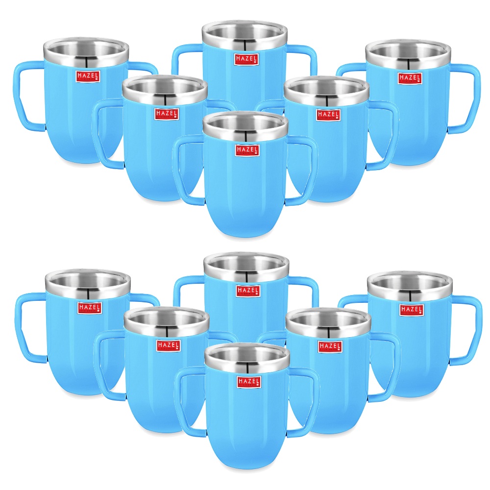 HAZEL Double Wall Stainless Steel Double Handle Baby Mug Set of 12for Kids Gifting, 250 ML Each, Blue