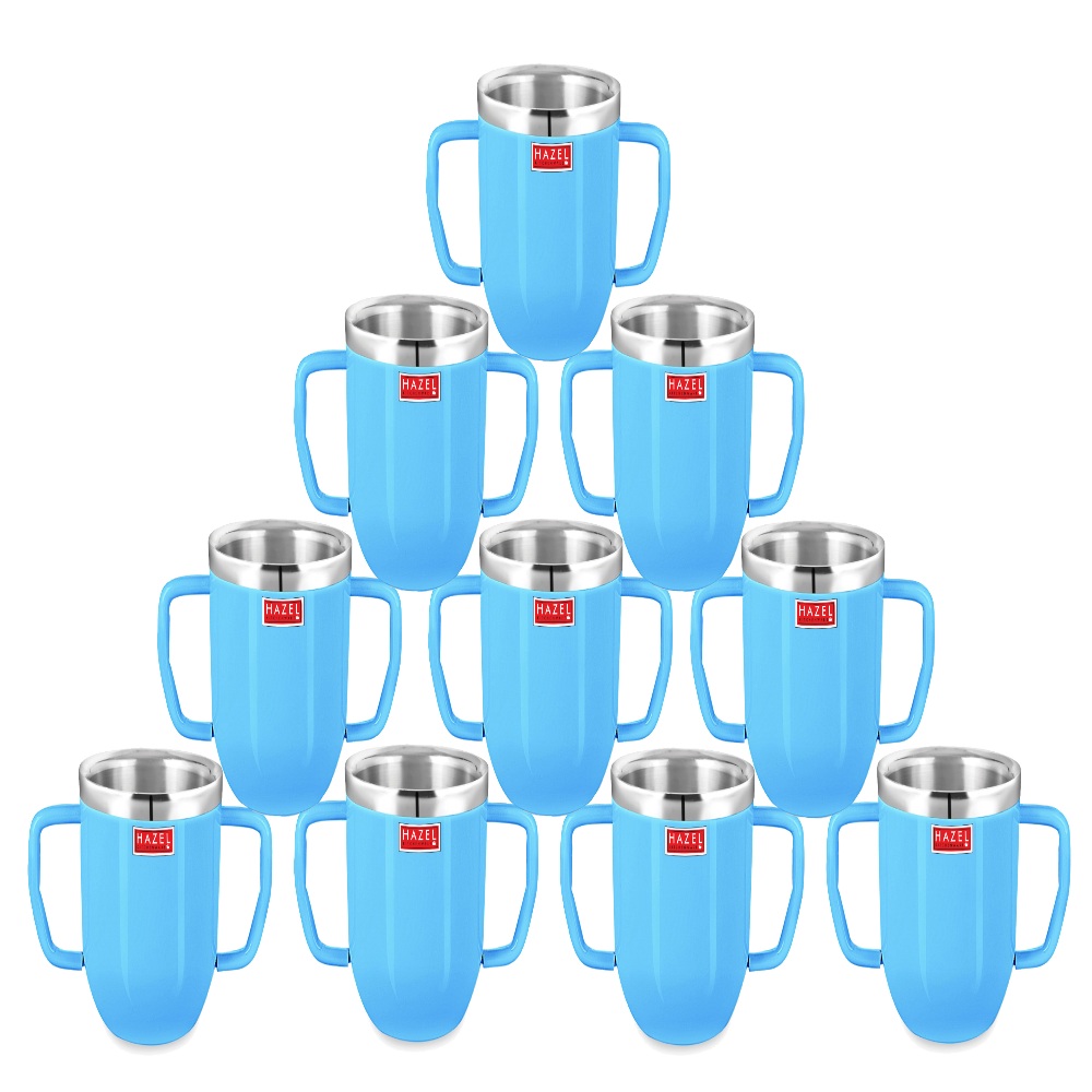 HAZEL Double Wall Stainless Steel Double Handle Baby Mug Set of 10for Kids Gifting, 250 ML Each, Blue