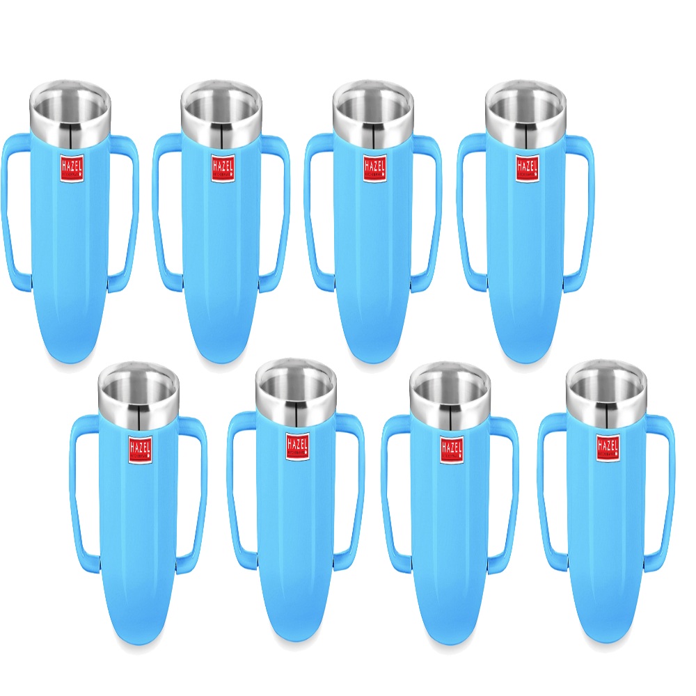 HAZEL Double Wall Stainless Steel Double Handle Baby Mug Set of 8for Kids Gifting, 250 ML Each, Blue