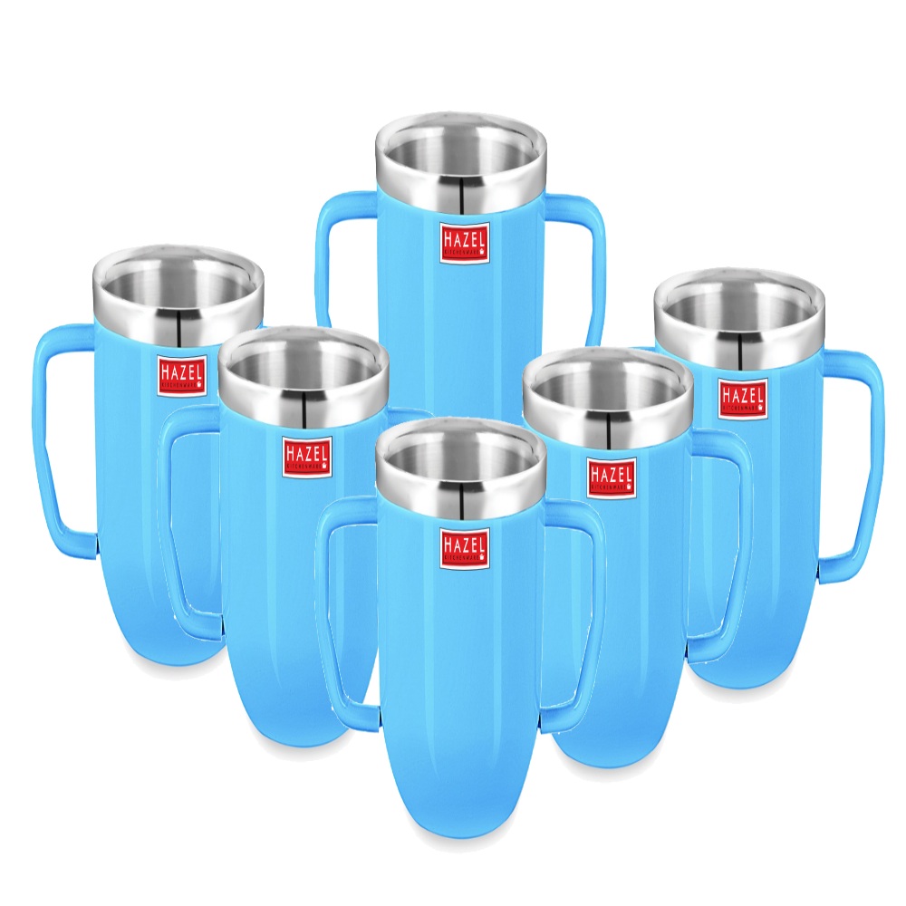 HAZEL Double Wall Stainless Steel Double Handle Baby Mug Set of 6for Kids Gifting, 250 ML Each, Blue