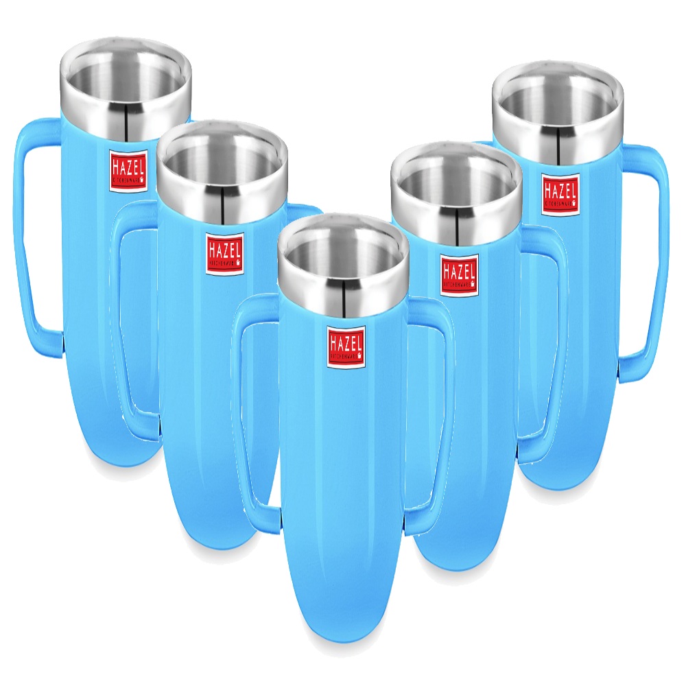 HAZEL Double Wall Stainless Steel Double Handle Baby Mug Set of 5for Kids Gifting, 250 ML Each, Blue