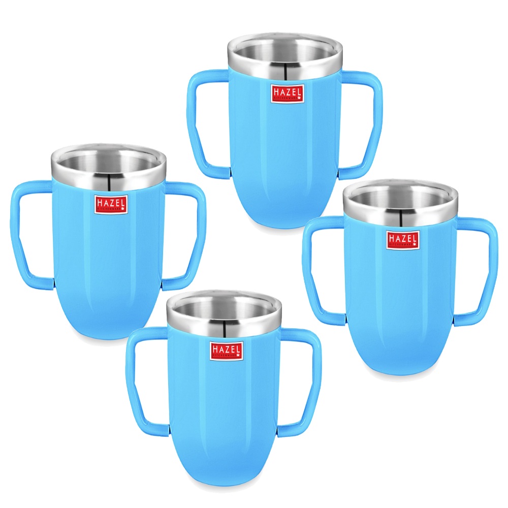 HAZEL Double Wall Stainless Steel Double Handle Baby Mug Set of 4for Kids Gifting, 250 ML Each, Blue