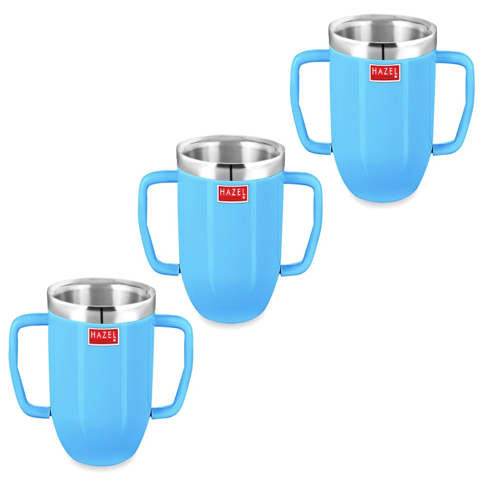 HAZEL Double Wall Stainless Steel Double Handle Baby Mug Set of 3for Kids Gifting, 250 ML Each, Blue