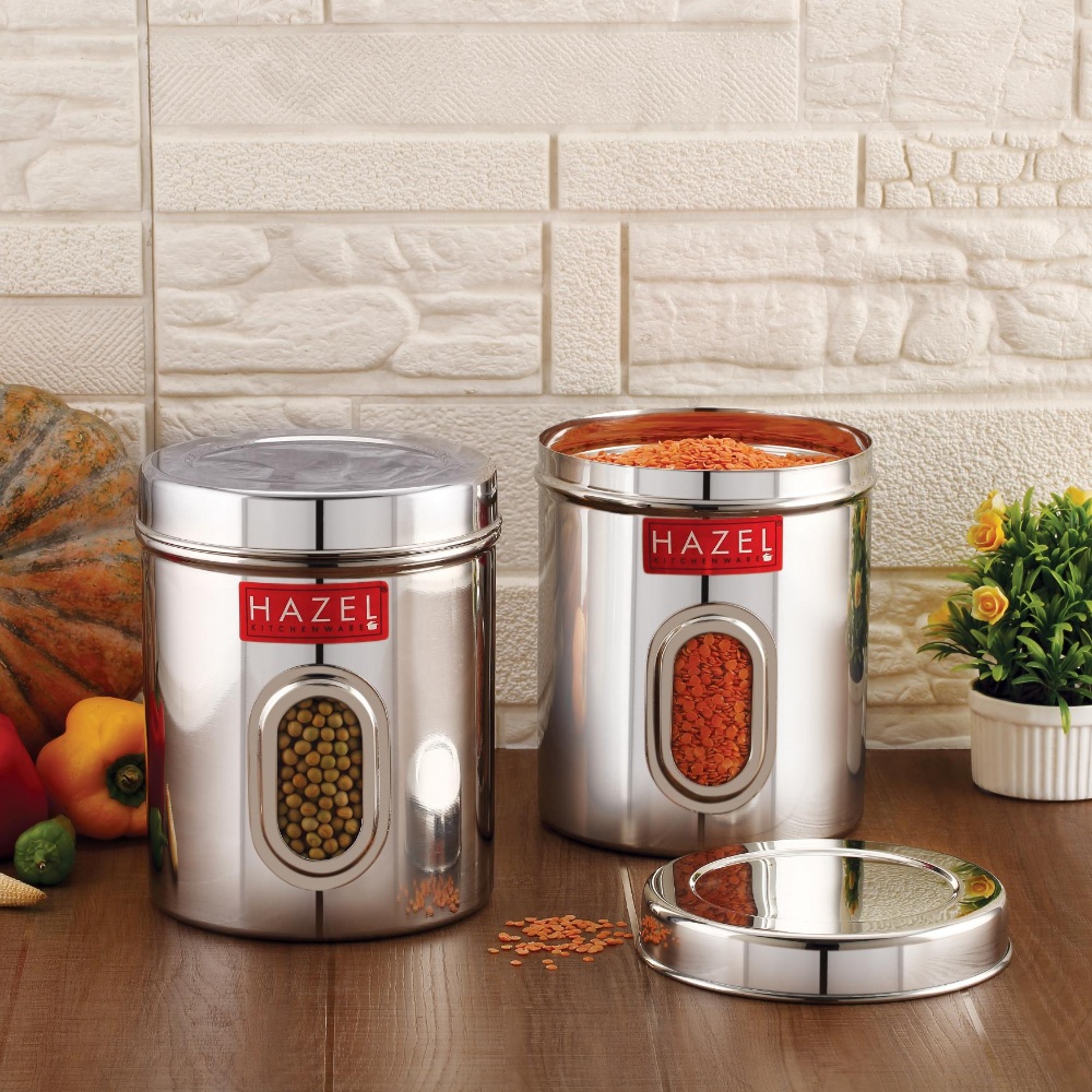 HAZEL Stainless Steel Transparent Kitchen Storage Containers with Air Tight Lid, 2400 ML, Set of 2