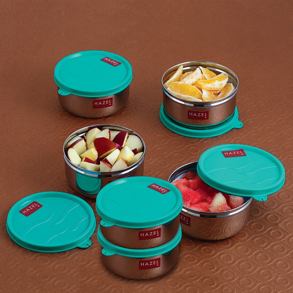HAZEL Storage Containers for Kitchen Airtight | Stainless Steel Air Tight Containers for Storage & Lunch box | Container for Kitchen Storage Set of 6, 450 ML Each