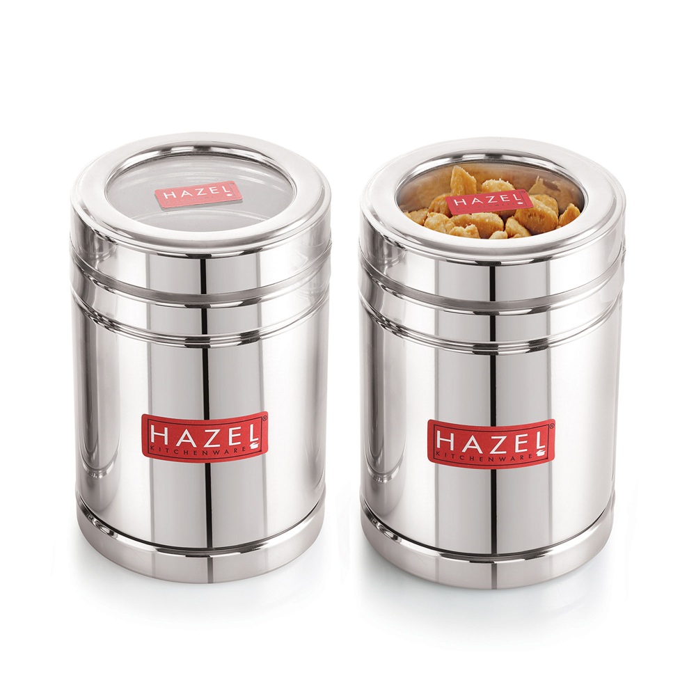 HAZEL Steel Tea Container with Transparent Lid | Transparent Lid Tea Powder Storage Box For Kitchen |Food Grade Steel Kitchen Container, Set of 2, 1000 ML