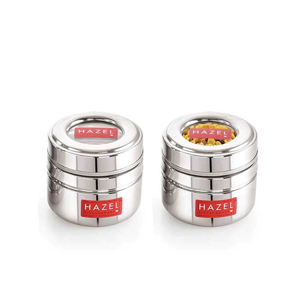 HAZEL Steel Small Container for Kitchen | Transparent Lid Containers for Storage | Small Container for Spices, Set of 2, 200 ML