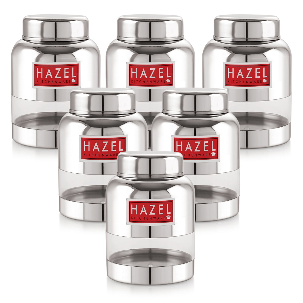 HAZEL Stainless Steel Kitchen Containers with Airtight Lid I Barni Shape Transparent Container with Glossy Finish | See Through Multipurpose Storage Box for Kitchen, 600 ML, Set of 6