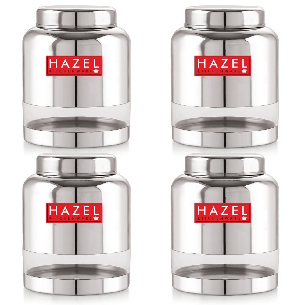 HAZEL Stainless Steel Transparent Container Glossy Finish Airtight See Through Jar Barni Set of 4, 2000 ML, Silver