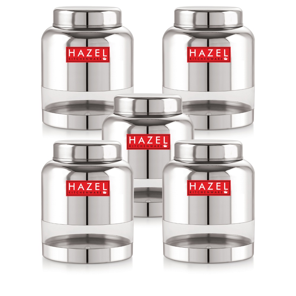 HAZEL Stainless Steel Transparent Container Glossy Finish Airtight See Through Jar Barni Set of 5, 1500 ML, Silver