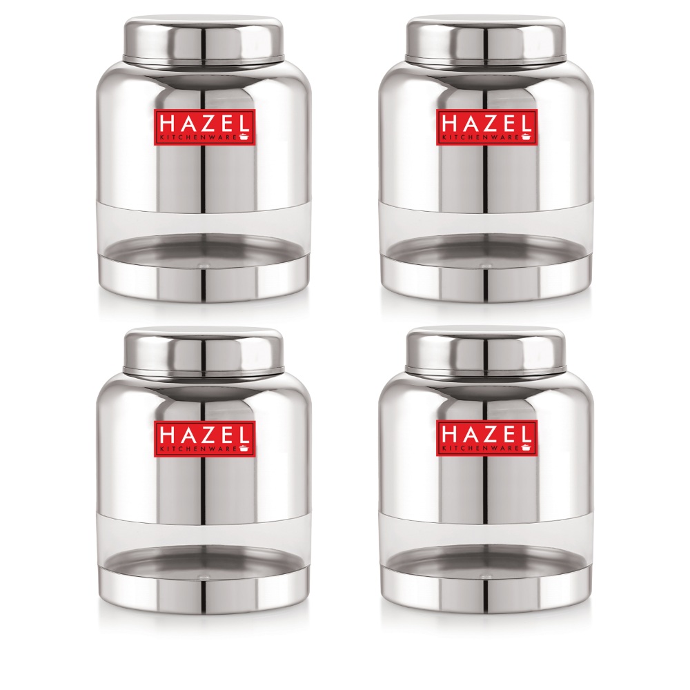 HAZEL Stainless Steel Transparent Container Glossy Finish Airtight See Through Jar Barni Set of 4, 1500 ML, Silver