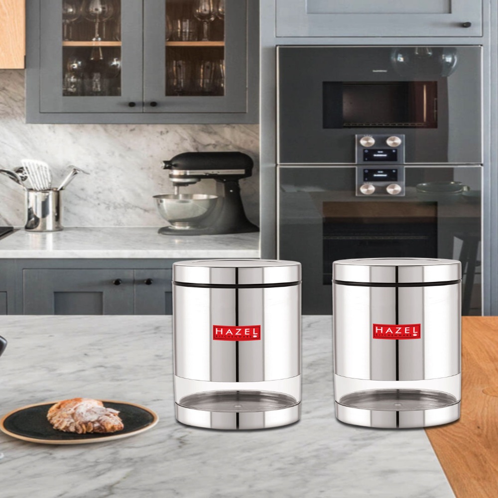 HAZEL Stainless Steel Containers Set For Kitchen Storage Transparent See Through Glossy Finish Storage Jars Dabba, Set of 2, 1000 ML Each, Silver