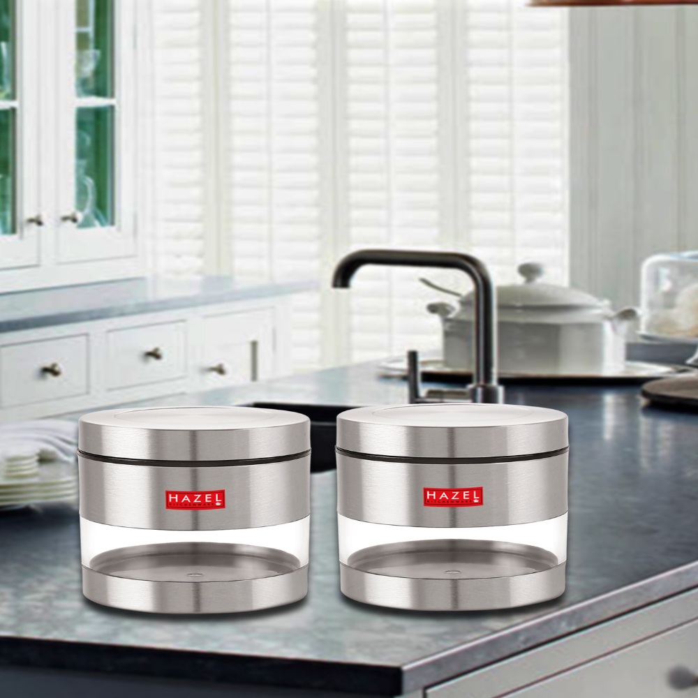 HAZEL Stainless Steel Containers Set For Kitchen Storage Transparent See Through Matt Finish Storage Jars Dabba, Set of 2, 600 ML Each, Silver