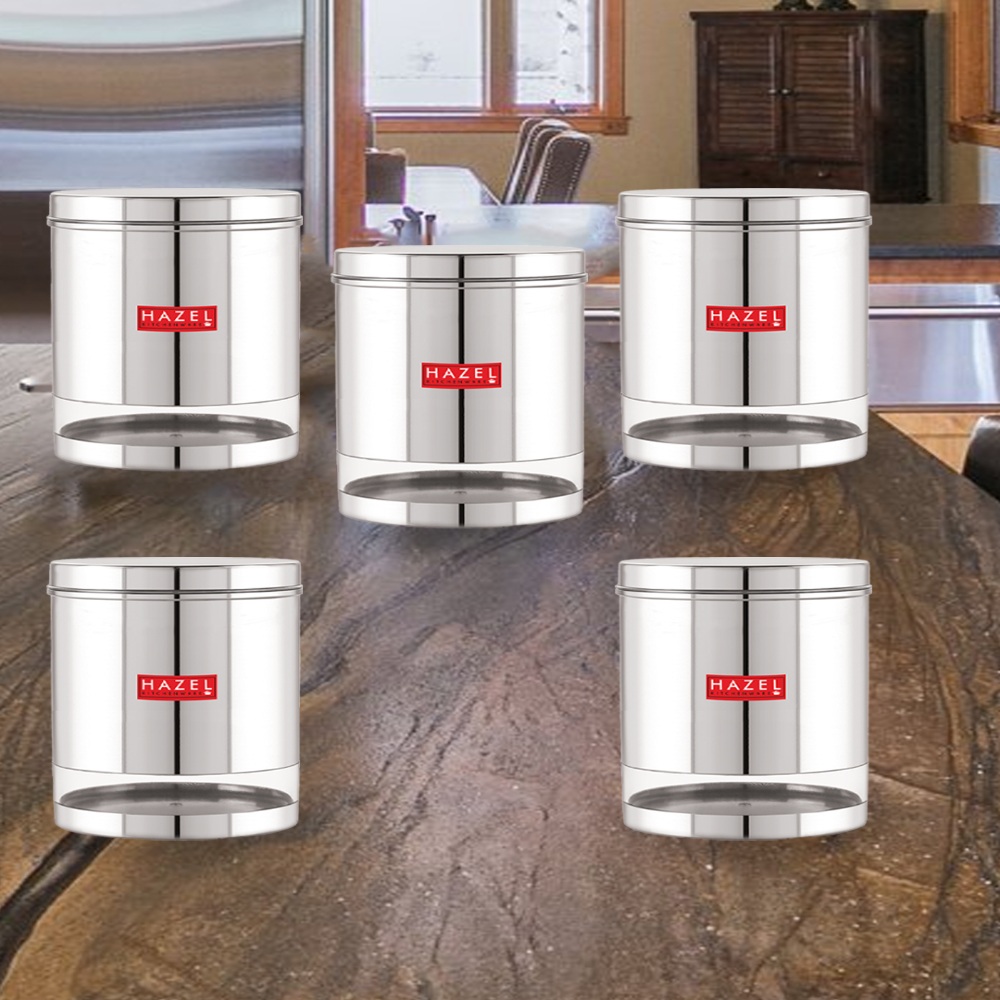 HAZEL Stainless Steel Containers Set For Kitchen Storage Transparent See Through Glossy Finish Storage Jars Dabba, Set of 5, 3000 ML Each, Silver