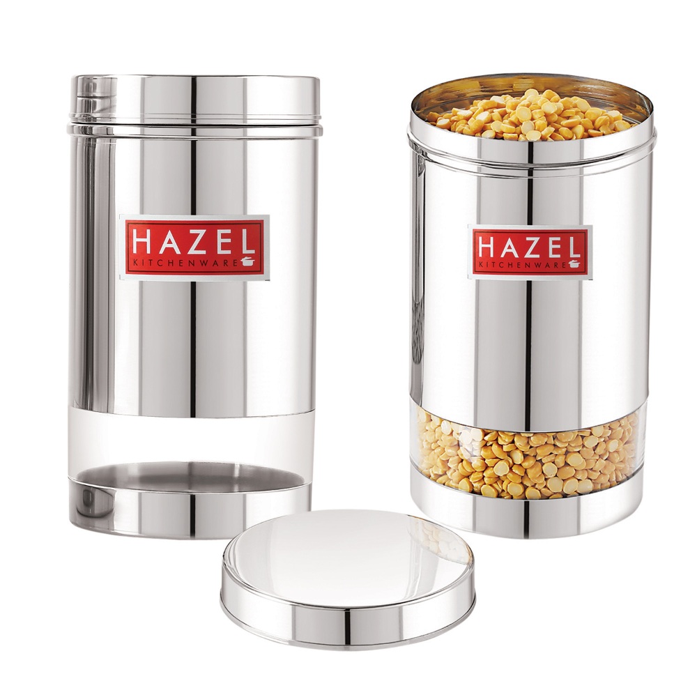 HAZEL Stainless Steel Transparent Glossy Finish See Through Container, Silver, Set of 2, 1200 Ml