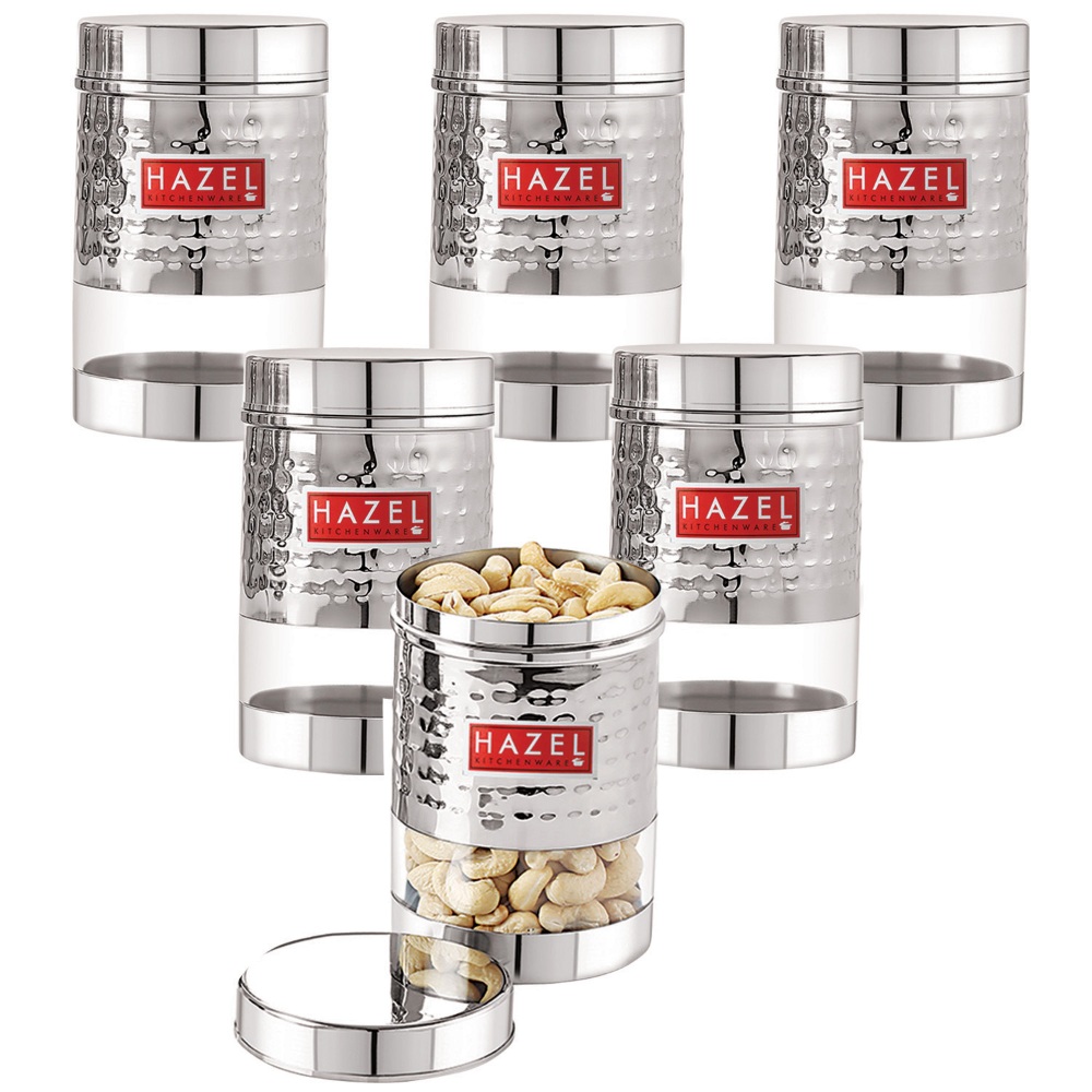 HAZEL Stainless Steel Hammered Finish Transparent Glossy See Through Container, Set of 6, 600 ML Each, Silver