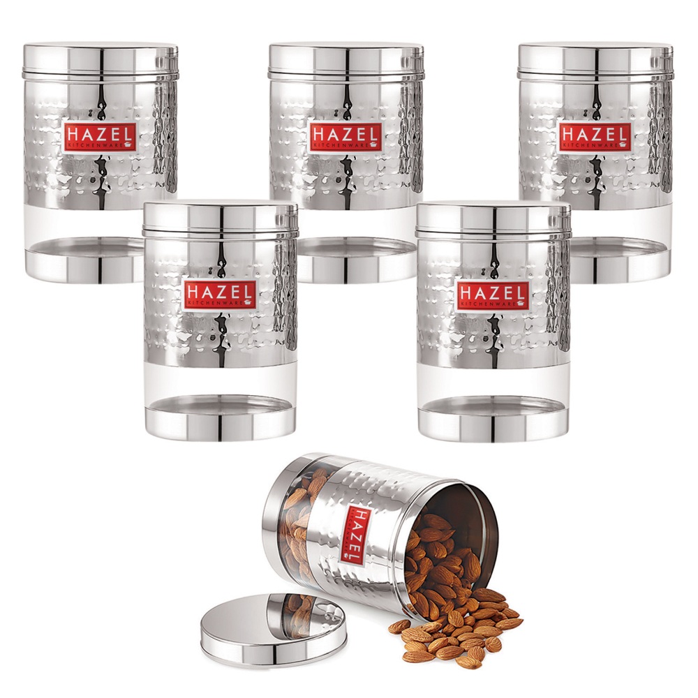 HAZEL Stainless Steel Hammered Finish Transparent Glossy See Through Container, Set of 6, 950 ML Each, Silver
