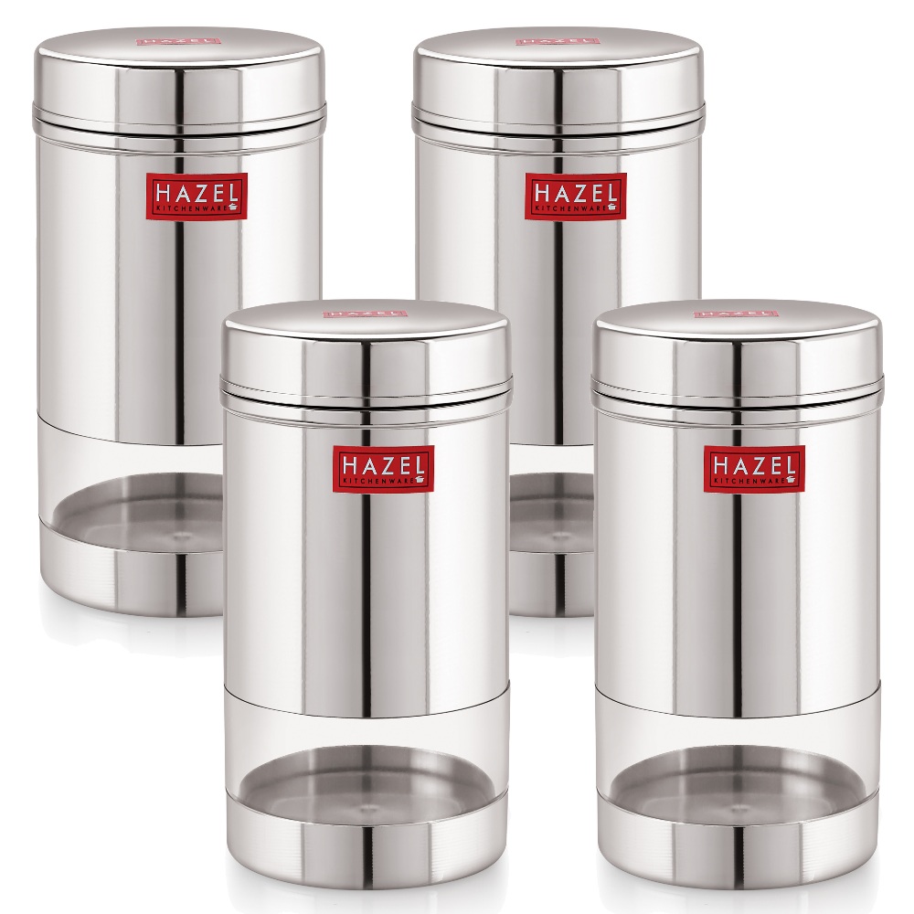 HAZEL Stainless Steel Transparent Wide Mouth See Through Container, Silver, Set of 4, 950 Ml