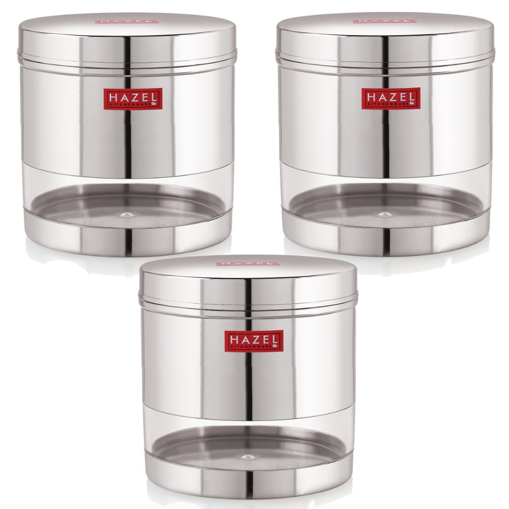 HAZEL Stainless Steel Transparent Wide Mouth See Through Container, Silver, Set of 3, 700 Ml