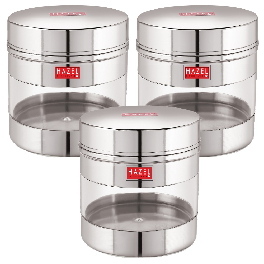 HAZEL Stainless Steel Transparent Wide Mouth See Through Container, Silver, Set of 3, 500 Ml