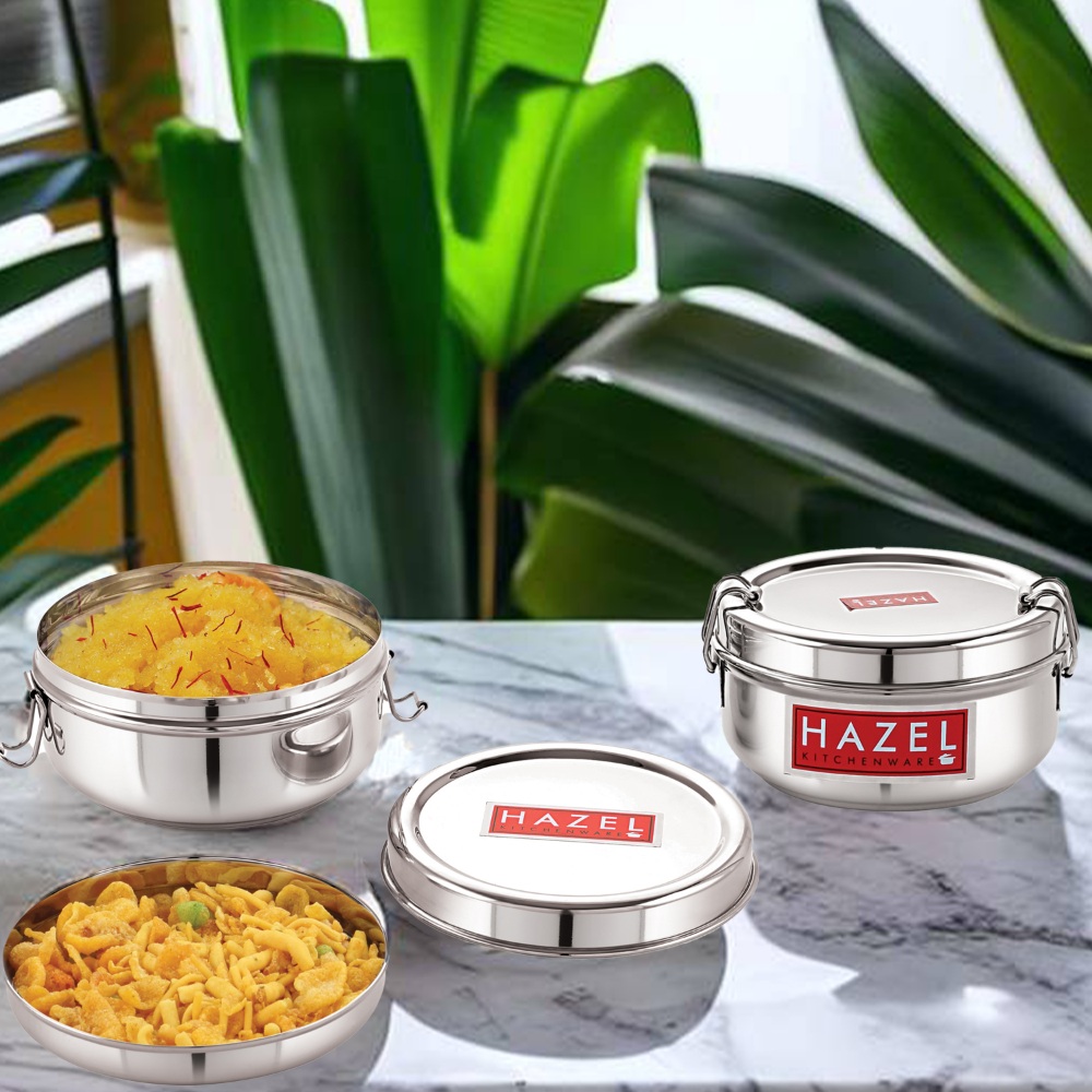 HAZEL Stainless Steel Traditional Design Tiffin Lunch Container with Locking Clip Set of 2, 500 & 700 ML