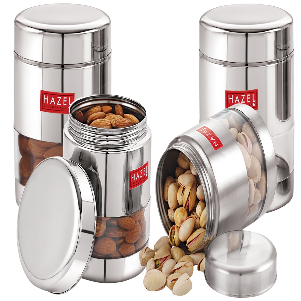 HAZEL Stainless Steel Transparent Glossy See Through Container, Silver, Set of 4, 400 ML