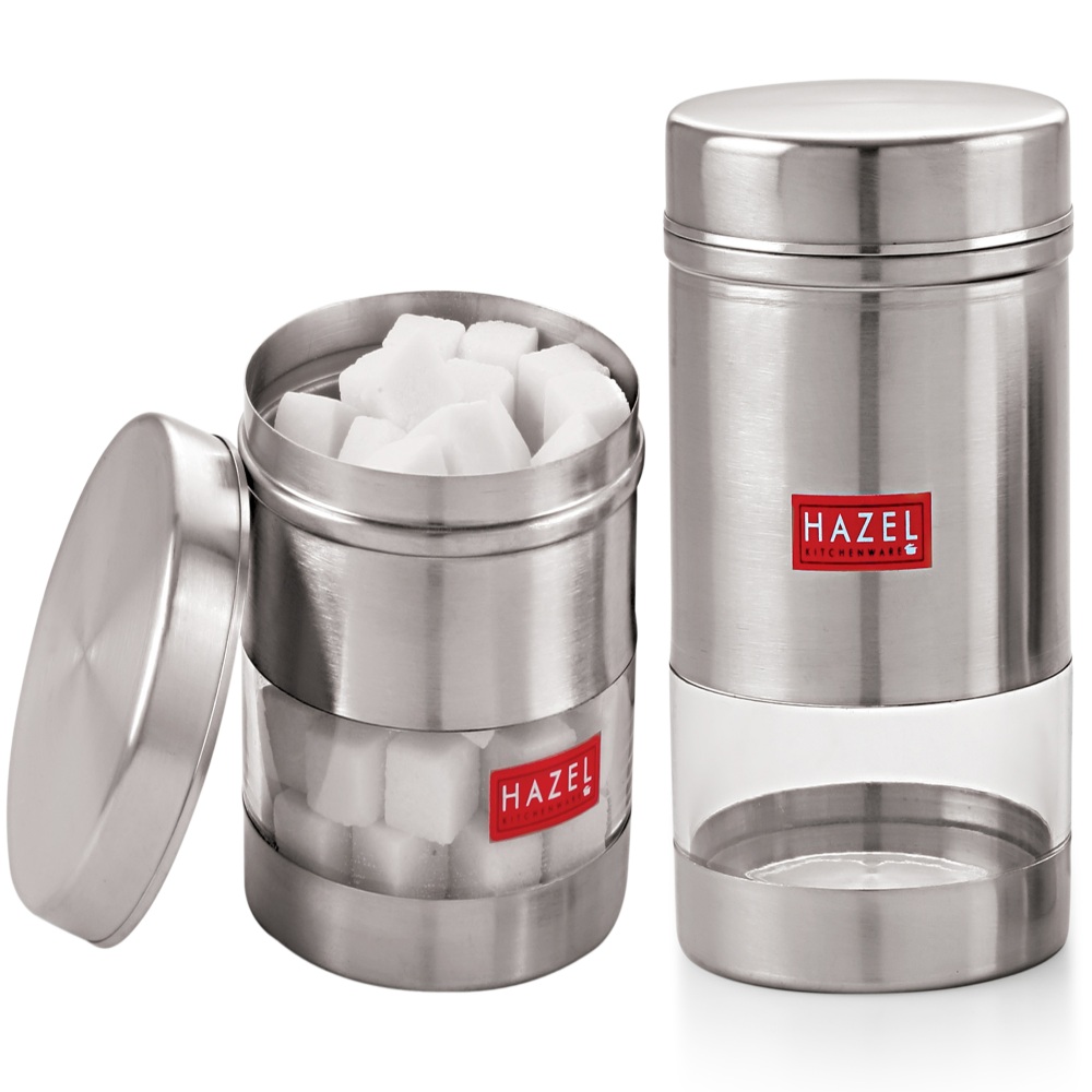 HAZEL Stainless Steel Transparent See Through Container Set of 2, Silver, 400 & 600 Ml Each
