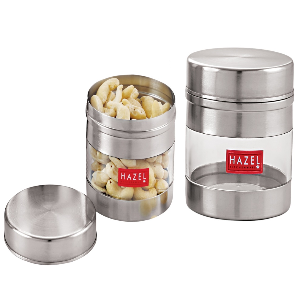 HAZEL Stainless Steel Transparent See Through Container Set of 2, Silver, 350 & 400 Ml Each