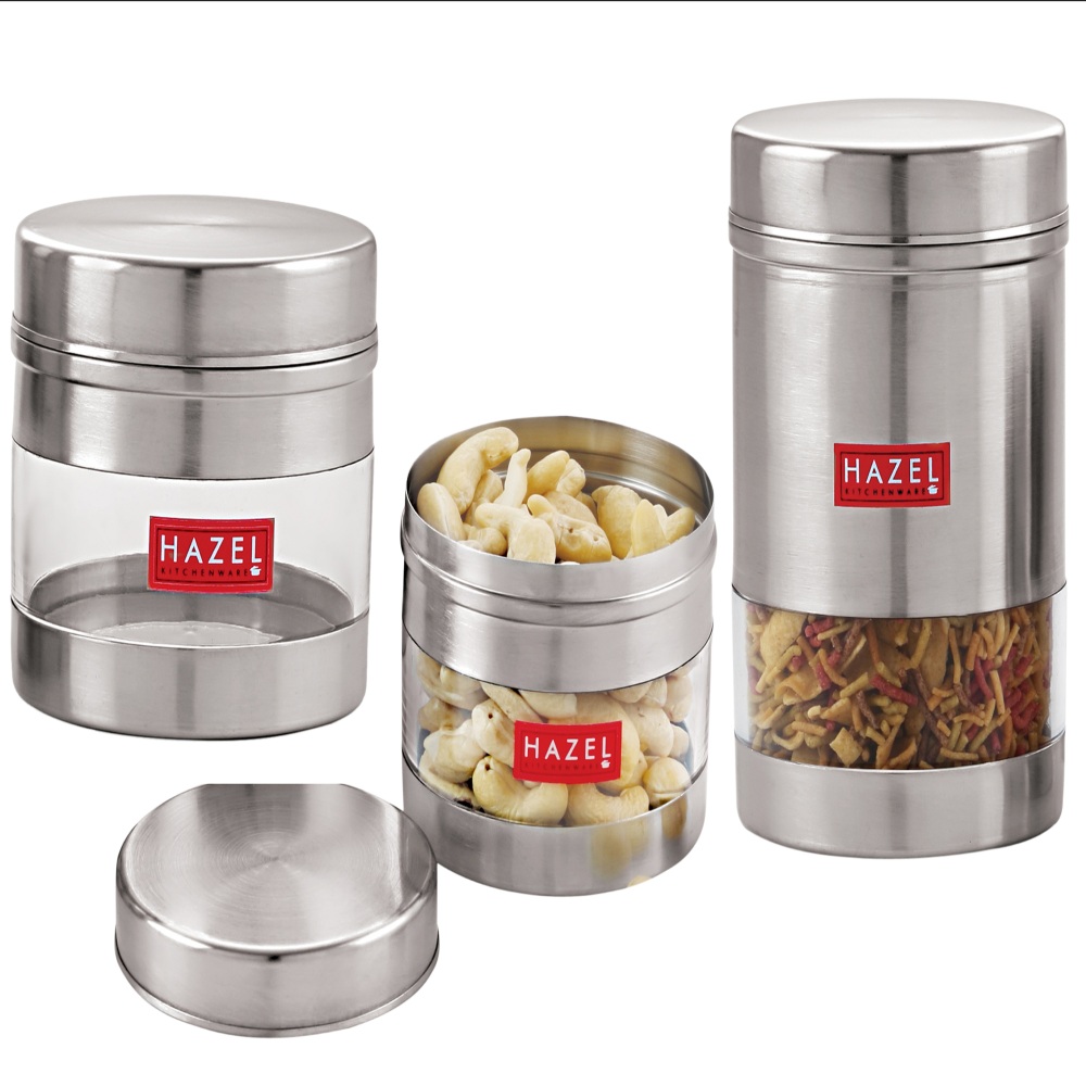 HAZEL Stainless Steel Transparent See Through Container Set of 3, Silver, 350 Ml - 600 Ml Each