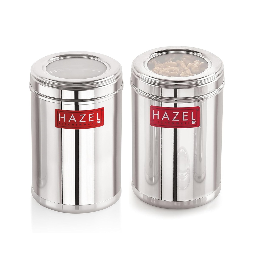 HAZEL Stainless Steel Kitchen Container with Transparent Lid | Top See Through Kitchen Container Set with Matt Finish | Multipurpose Container for Kitchen Storage, 1600 ML, Set of 2