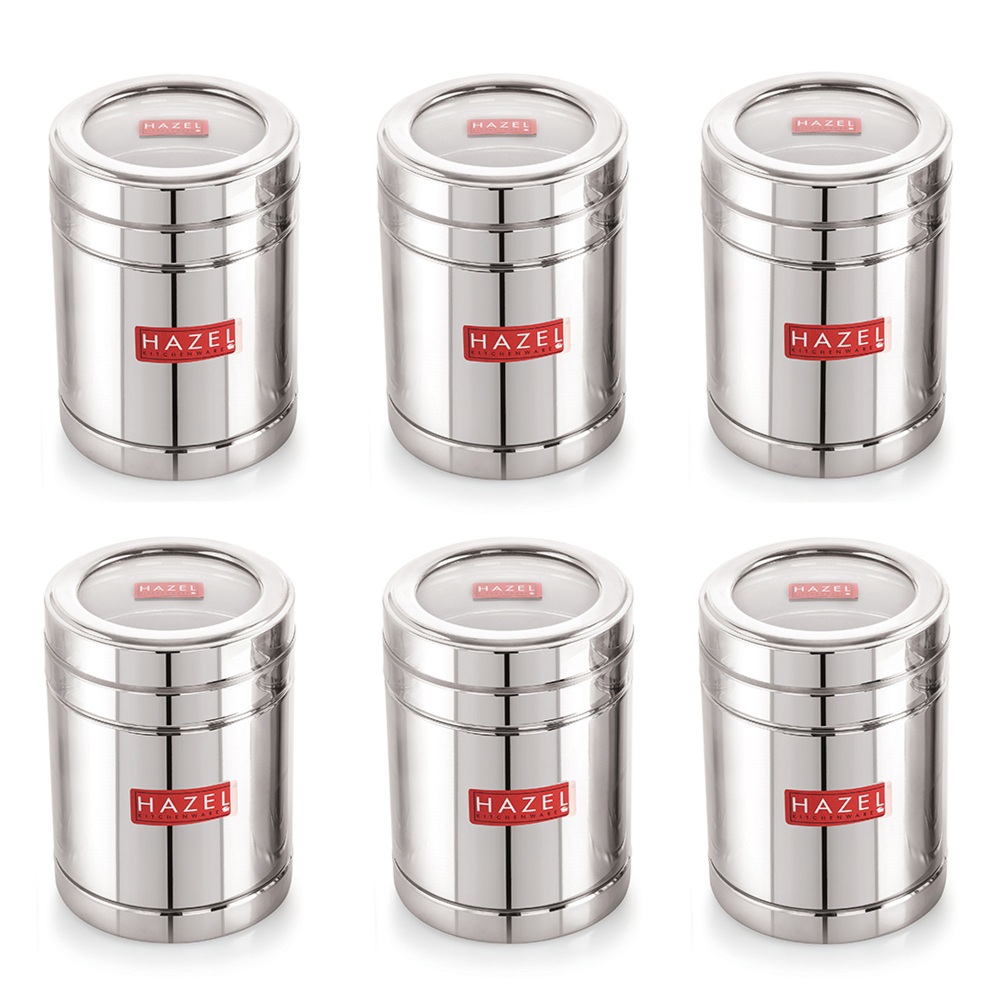 HAZEL Steel Storage Box with Transparent Lid | Transparent Lid Sugar Container For Kitchen |Food Grade Steel Kitchen Container, Set of 6, 1400 ML