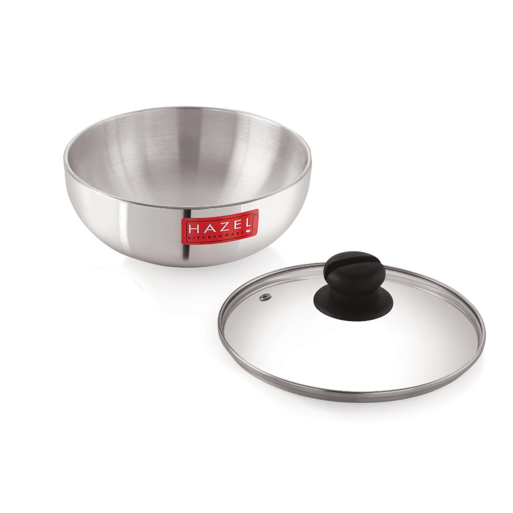 HAZEL Aluminium Kadai Without Handle | Aluminium Tasra Tasla Cookware with Glass Cover Lid, 2000 ML