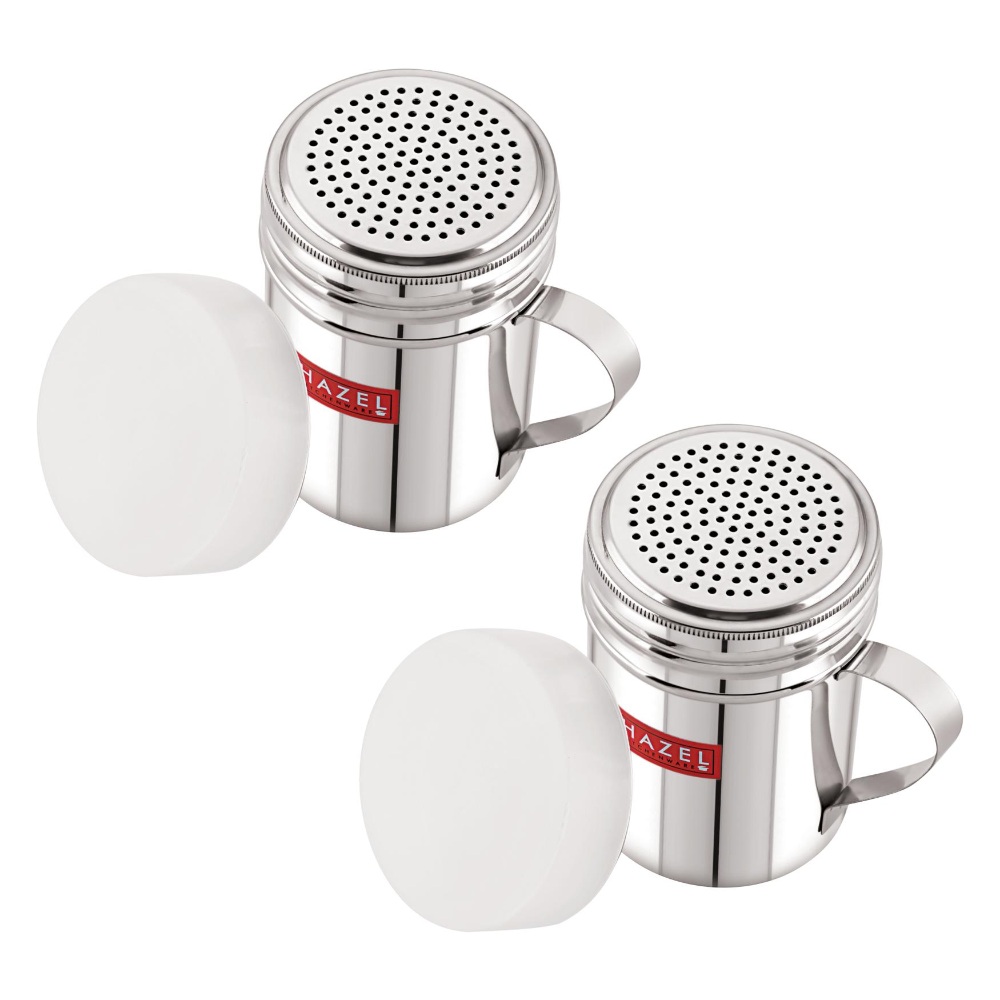 HAZEL Stainless Steel Powder Shaker with Handle And Plastic Lid Cap|Dredger with Handle |Salt And Pepper Cellar Cocoa Chocolate Powder Shaker , 310 ml, Set of 2, Silver