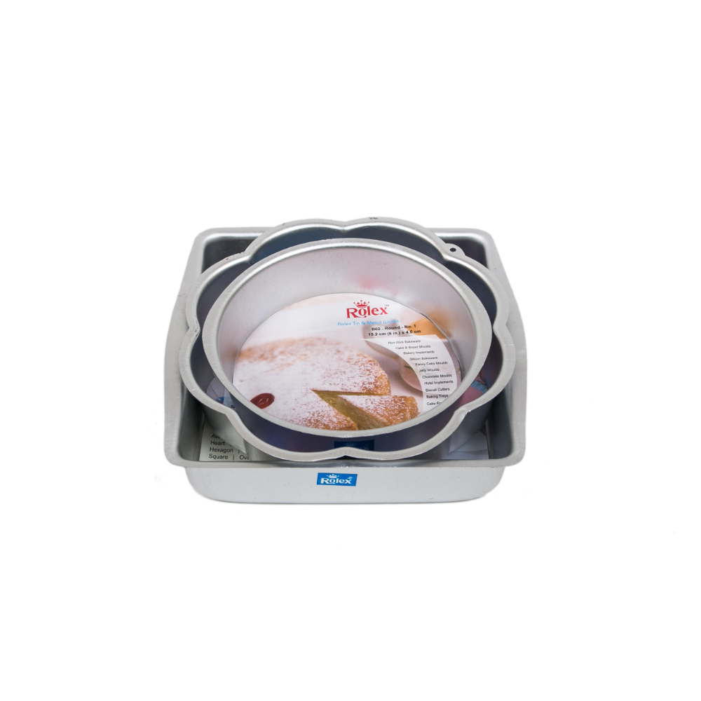 Rolex Cake Mould Combo Square 8\'\', Flower 7.5\', Round 6.5 , Aluminium, Silver, Set of 3