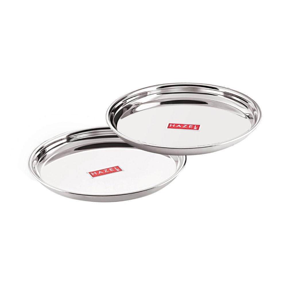 HAZEL Stainless Steel Dinner Lunch Plate Bhojan Thali, Dia 26.5 cm, Small, 2 pcs Set
