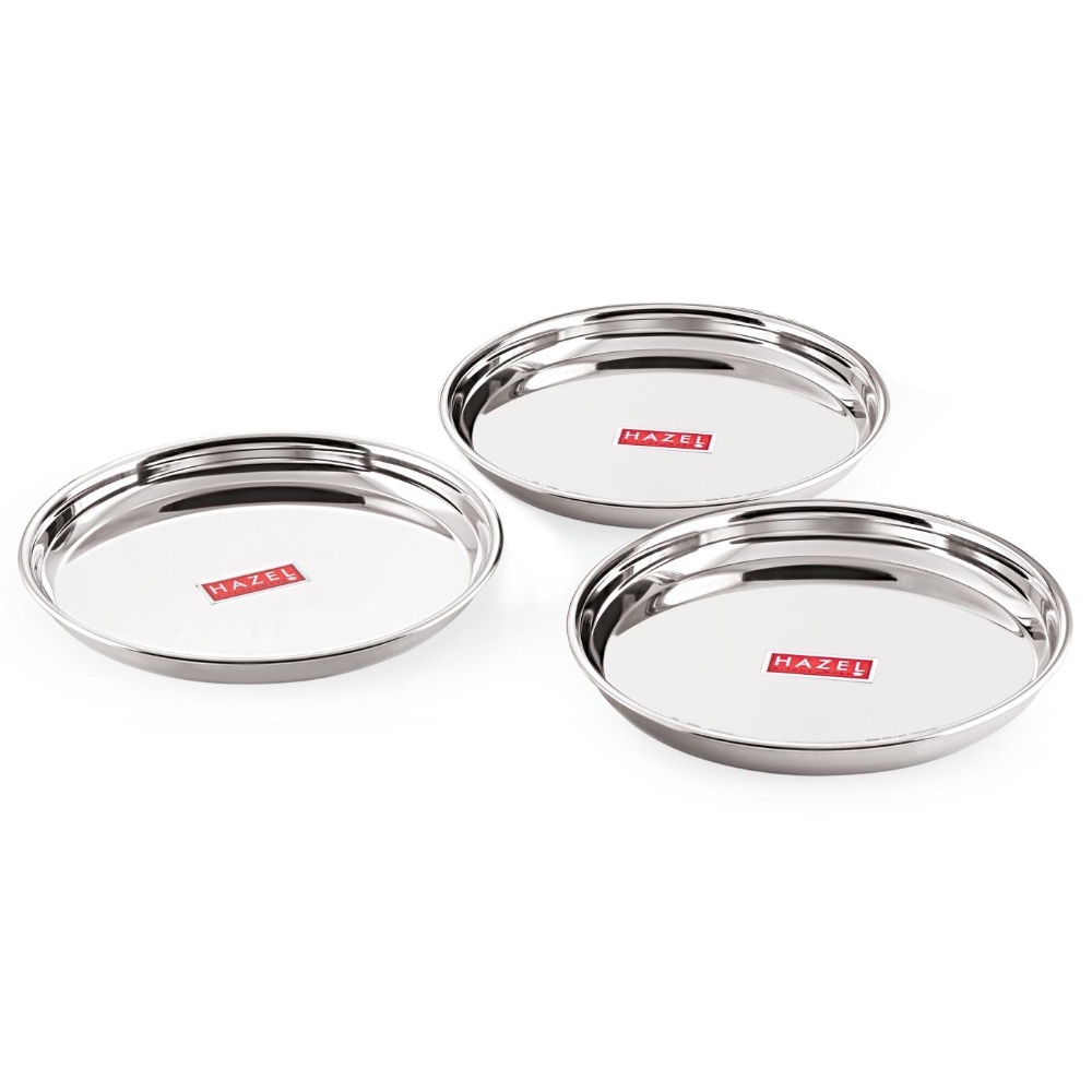 HAZEL Stainless Steel Dinner Lunch Plate Bhojan Thali, Dia 26.5 cm, Small, 3 pcs Set