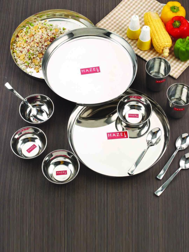 HAZEL Stainless Steel Dinner Set Of 12 | Dinner Set Steel (2 Steel Plate, 2 Steel Glass, 4 Bowl, 2 Spoon, 2 Dessert Plate) 12 Pieces, Silver