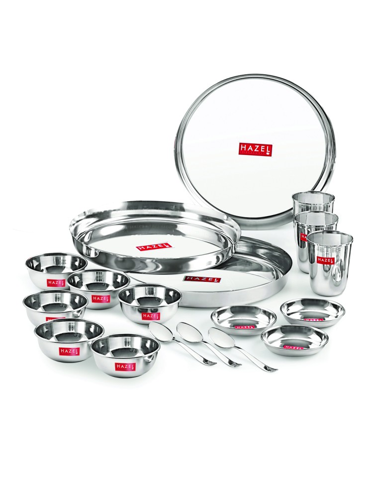HAZEL Stainless Steel Dinner Set Of 18 | Dinner Set Steel (3 Steel Plate, 3 Steel Glass, 6 Bowl, 3 Spoon Set, 3 Dessert Plate) 18 Pieces, Silver