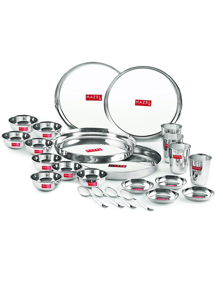 HAZEL Stainless Steel Dinner Set Of 24 | Dinner Set Steel (4 Steel Plate, 4 Steel Glass, 8 Bowl, 4 Spoon Set, 4 Dessert Plate) 24 Pieces, Silver