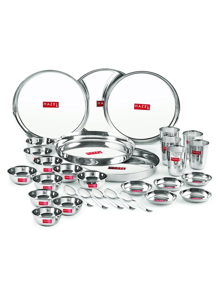 HAZEL Stainless Steel Dinner Set Of 30 | Dinner Set Steel (5 Steel Plate, 5 Steel Glass, 10 Serving Bowl, 5 Spoon Set, 5 Dessert Plate) 30 Pieces, Silver