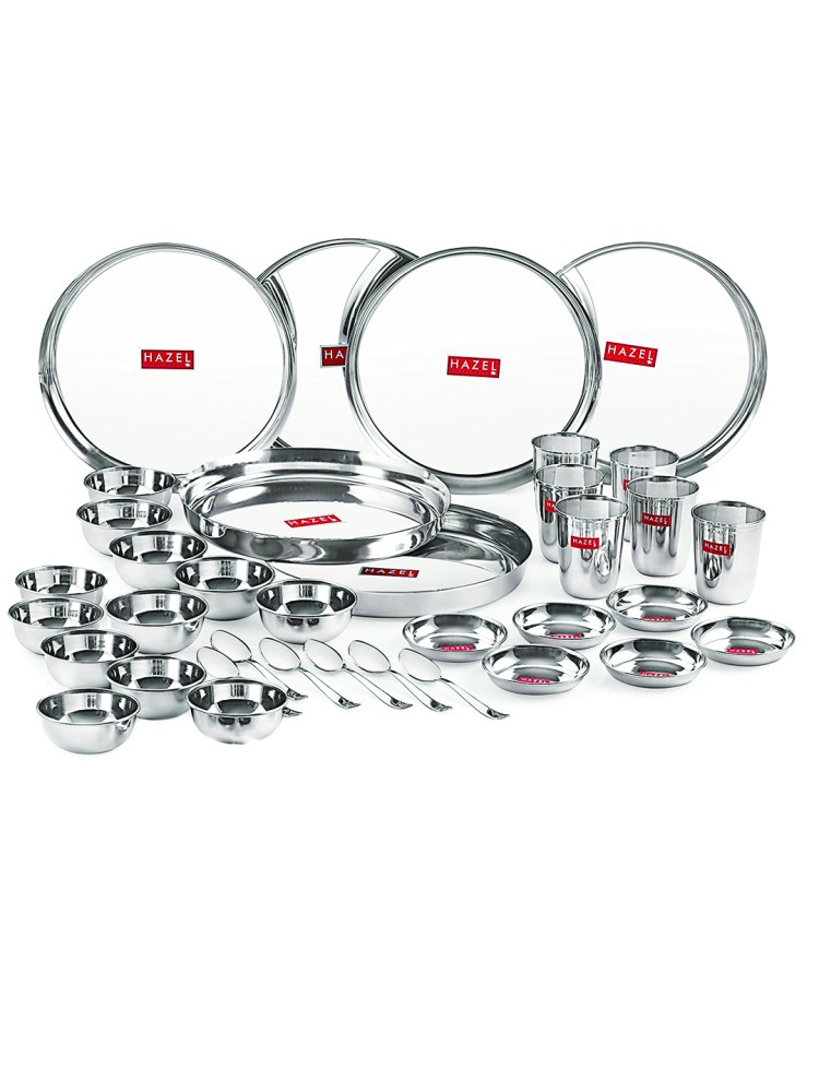 HAZEL Stainless Steel Dinner Set Of 36 | Dinner Set Steel (6 Steel Plate, 6 Steel Glass, 12 Serving Bowl, 6 Spoon Set, 6 Dessert Plate) 36 Pieces, Silver