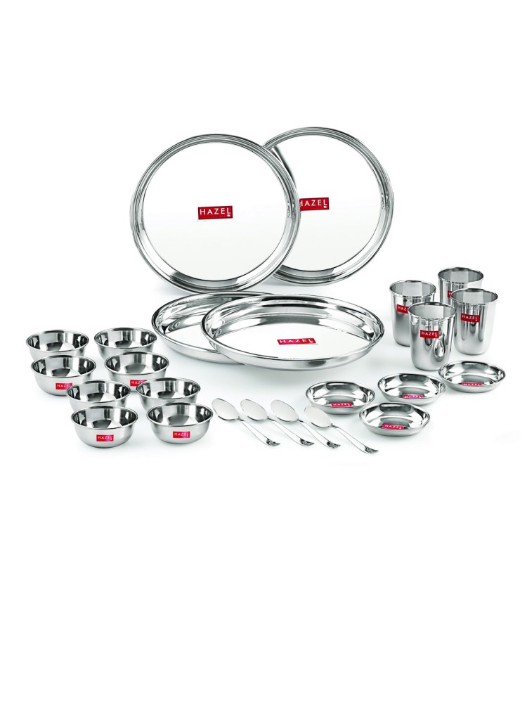 HAZEL Stainless Steel Dinner Set Of 24 | Dinner Set Steel (4 Steel Plate, 4 Steel Glass, 8 Bowl, 4 Dessert Plate, 4 Spoon Set) 24 Pieces, Silver